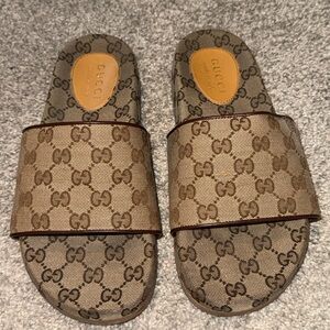 Gucci Beige and Brown Monogram Sandals